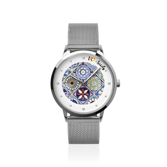 Analog metal watch with a dial embellished with colored majolica design, Milanese jersey