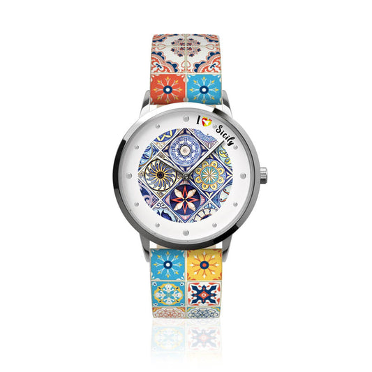 Analog metal watch with a dial embellished with colored majolica design, majolica press shirt