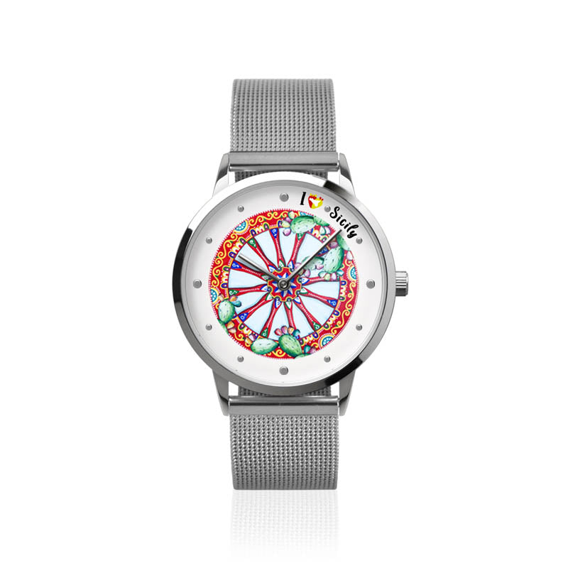 Analog metal watch with a dial embellished with a drawing design Sicilian cart, Milanese jersey