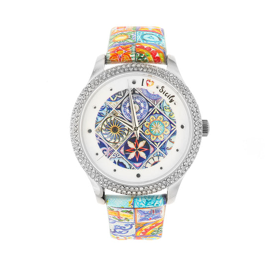 Metal analog clock with Sicilian colored majolica