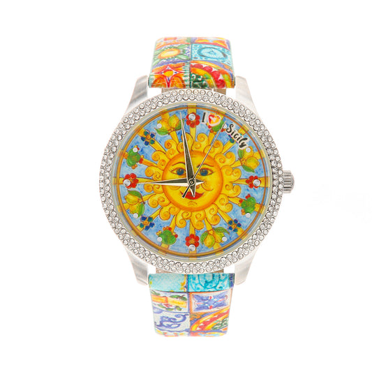 Analog metal watch dial with Sicilian sun and symbols, strap with majolica