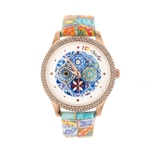 Analog metal watch with majolica on the strap and dial with Sicilian symbols